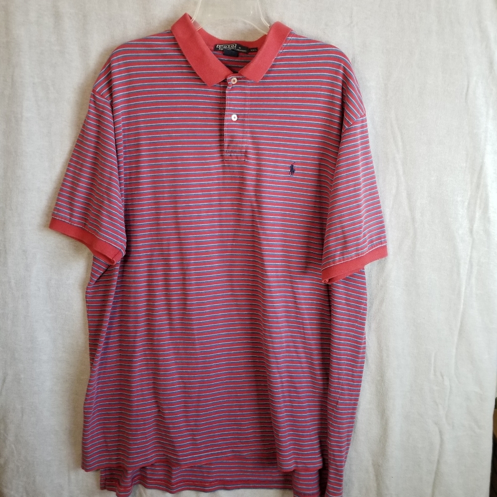 Vintage Ralph Lauren Men's 2XL Polo Shirt Red Blue Stripe Short Sleeve‎ Golf